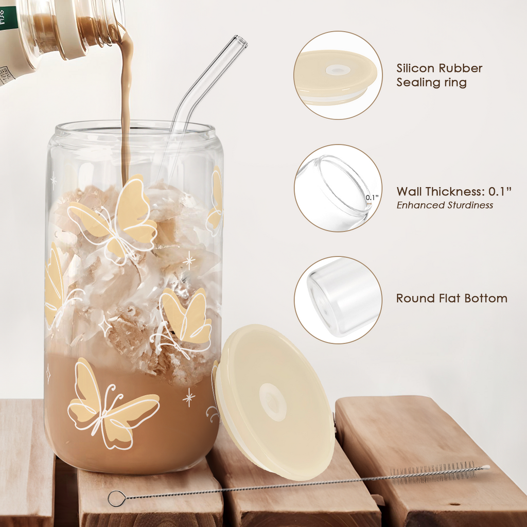 Butterfly GlassGlow | Glass Tumbler with Acrylic Lid 16oz