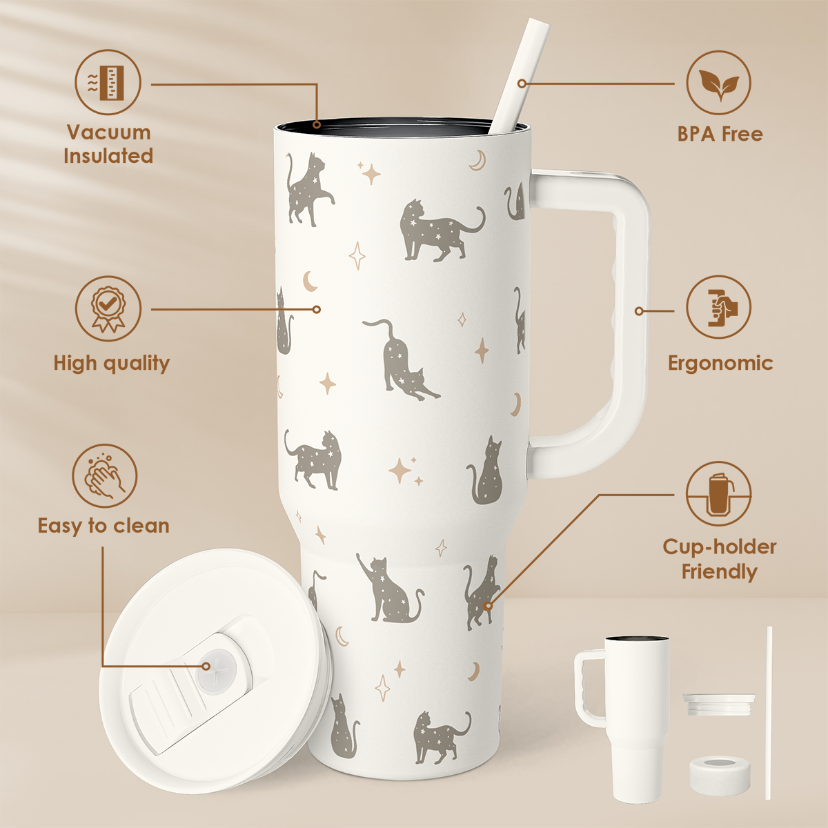 White Cat Slidemate | Slider Tumbler with Handle 40oz