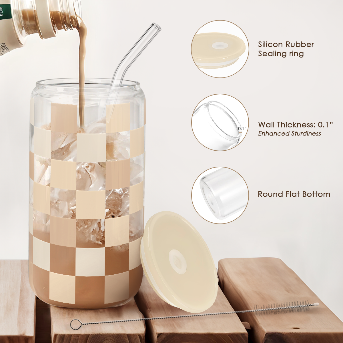 Checker GlassGlow | Glass Tumbler with Acrylic Lid 16oz