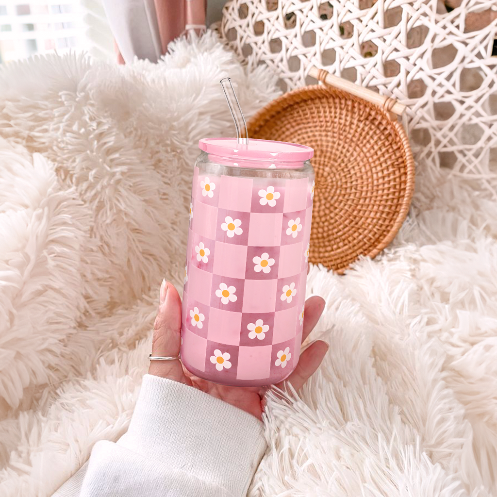 Checker Daisy GlassGlow | Glass Tumbler with Acrylic Lid 16oz