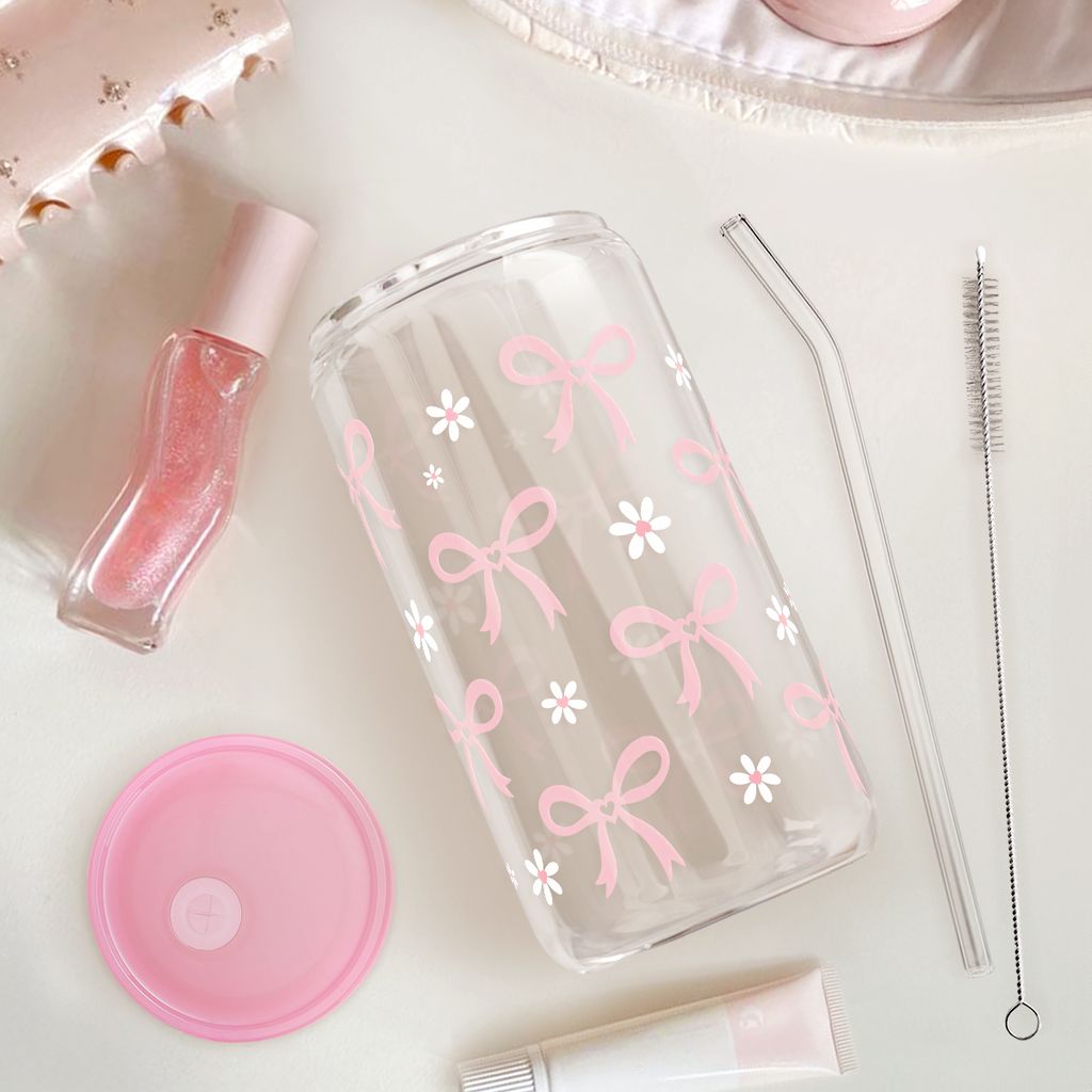 Pink Bow GlassGlow | Glass Tumbler with Acrylic Lid 16oz