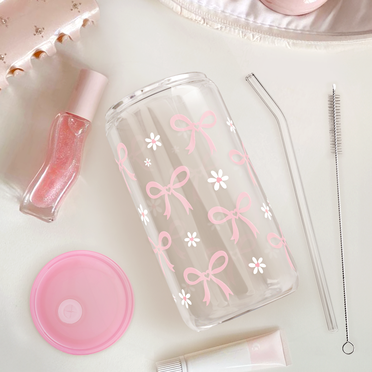 Pink Bow GlassGlow | Glass Tumbler with Acrylic Lid 16oz