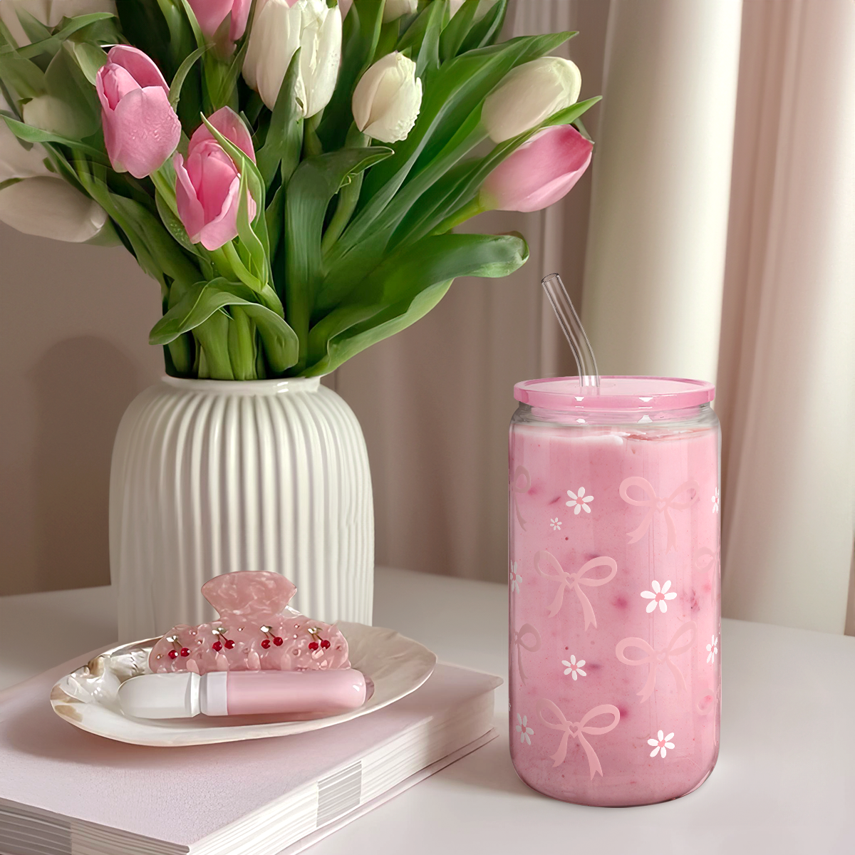 Pink Bow GlassGlow | Glass Tumbler with Acrylic Lid 16oz