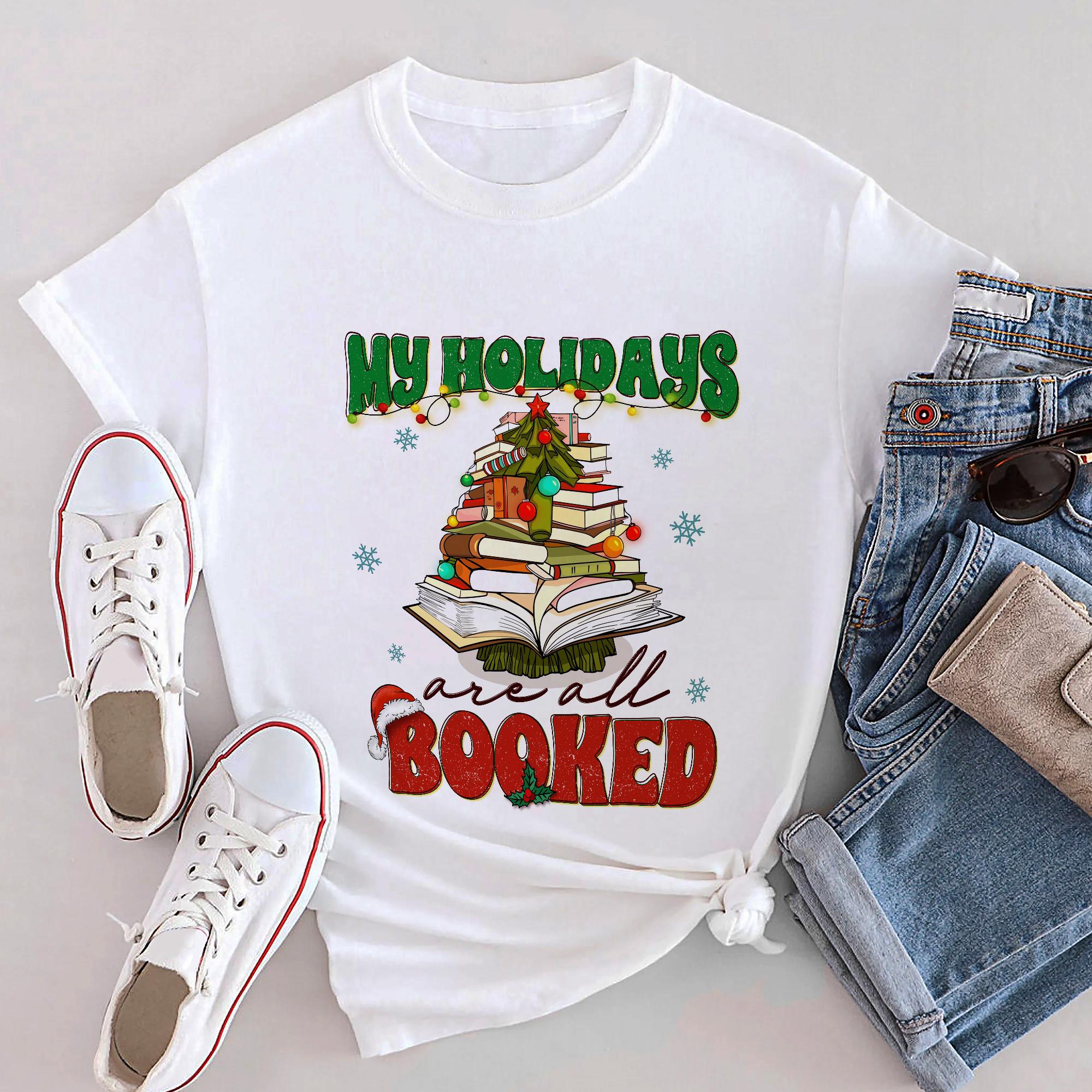 Sandjest Christmas Tshirt My Holidays Are All Booked Gift for Women Book Lover Bookworm
