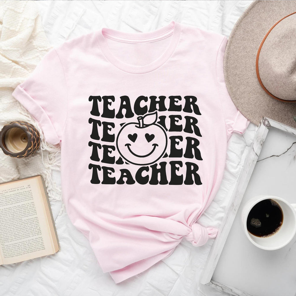 Sandjest Teacher T-Shirt Funny Apple Smiling Face Gift for Women Girl Friend Teacher Professor