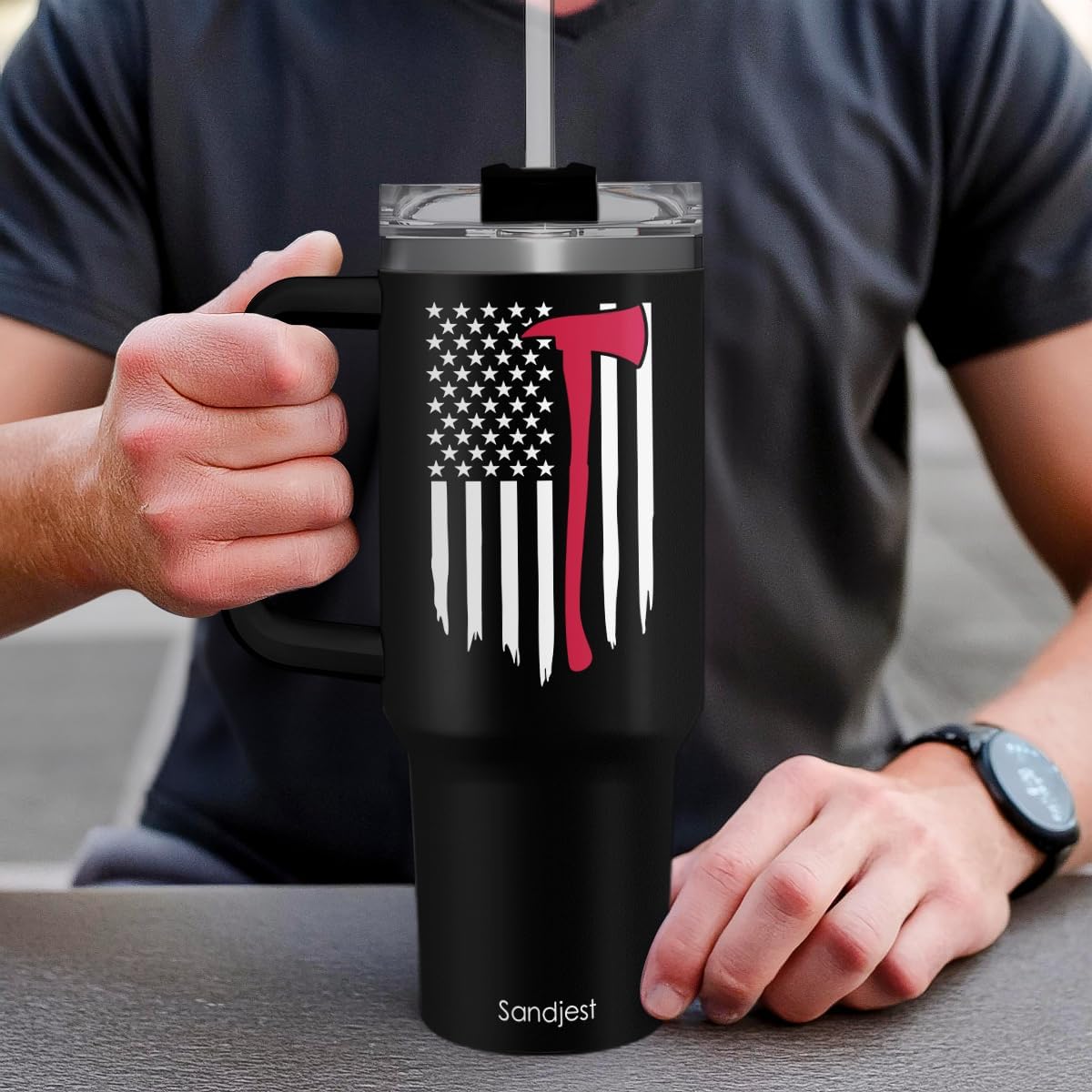 Black Firefighter Quencher Tumbler with Handle 40oz